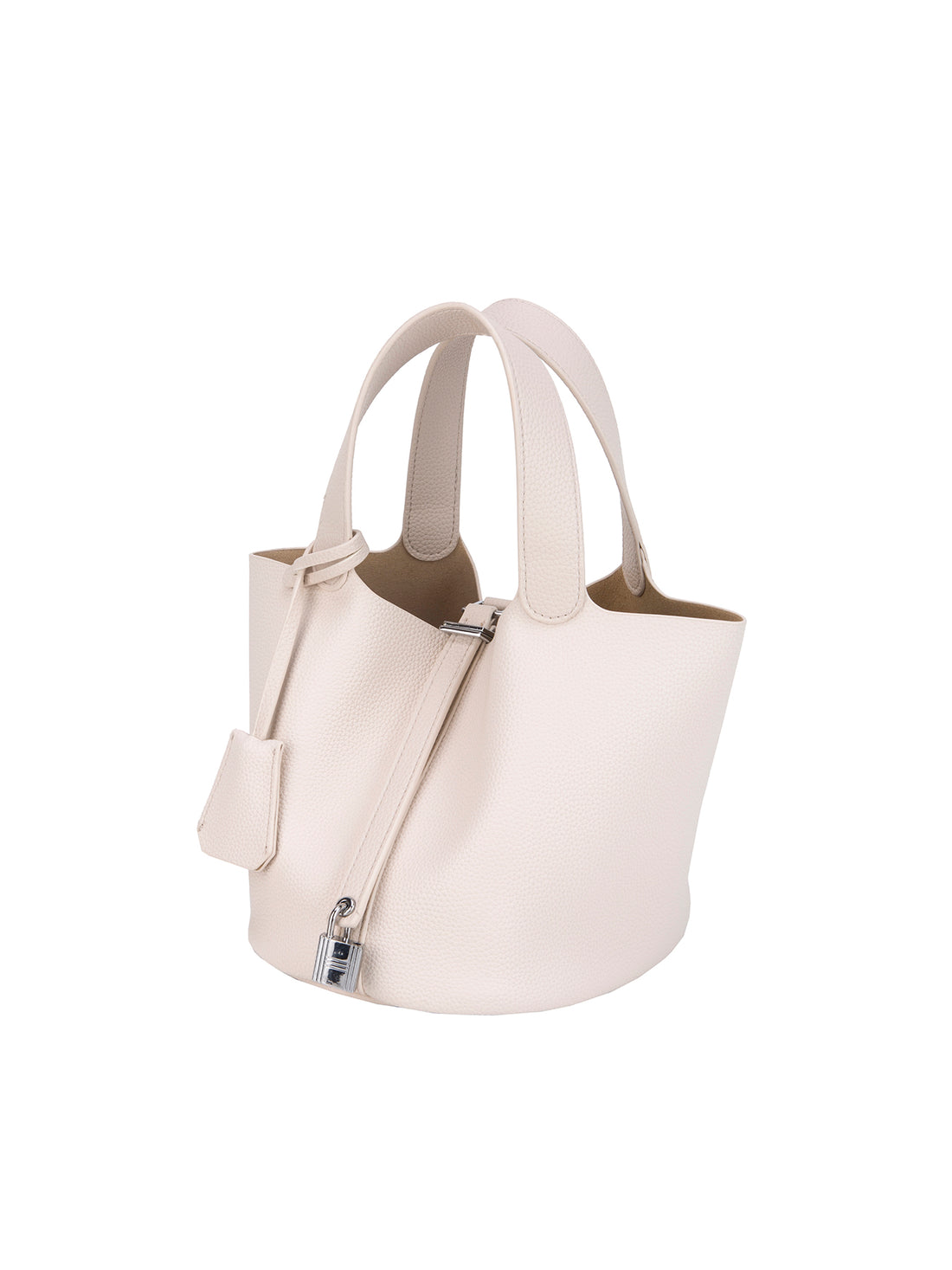 ivory mini bucket tote bag, angled view