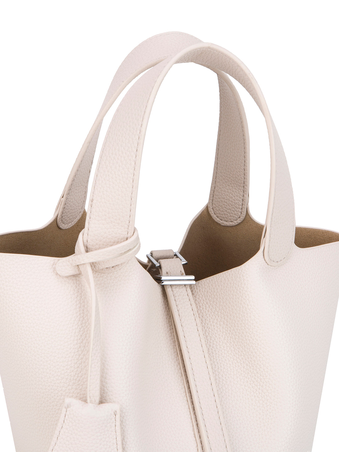 ivory mini bucket tote bag, handle detail view