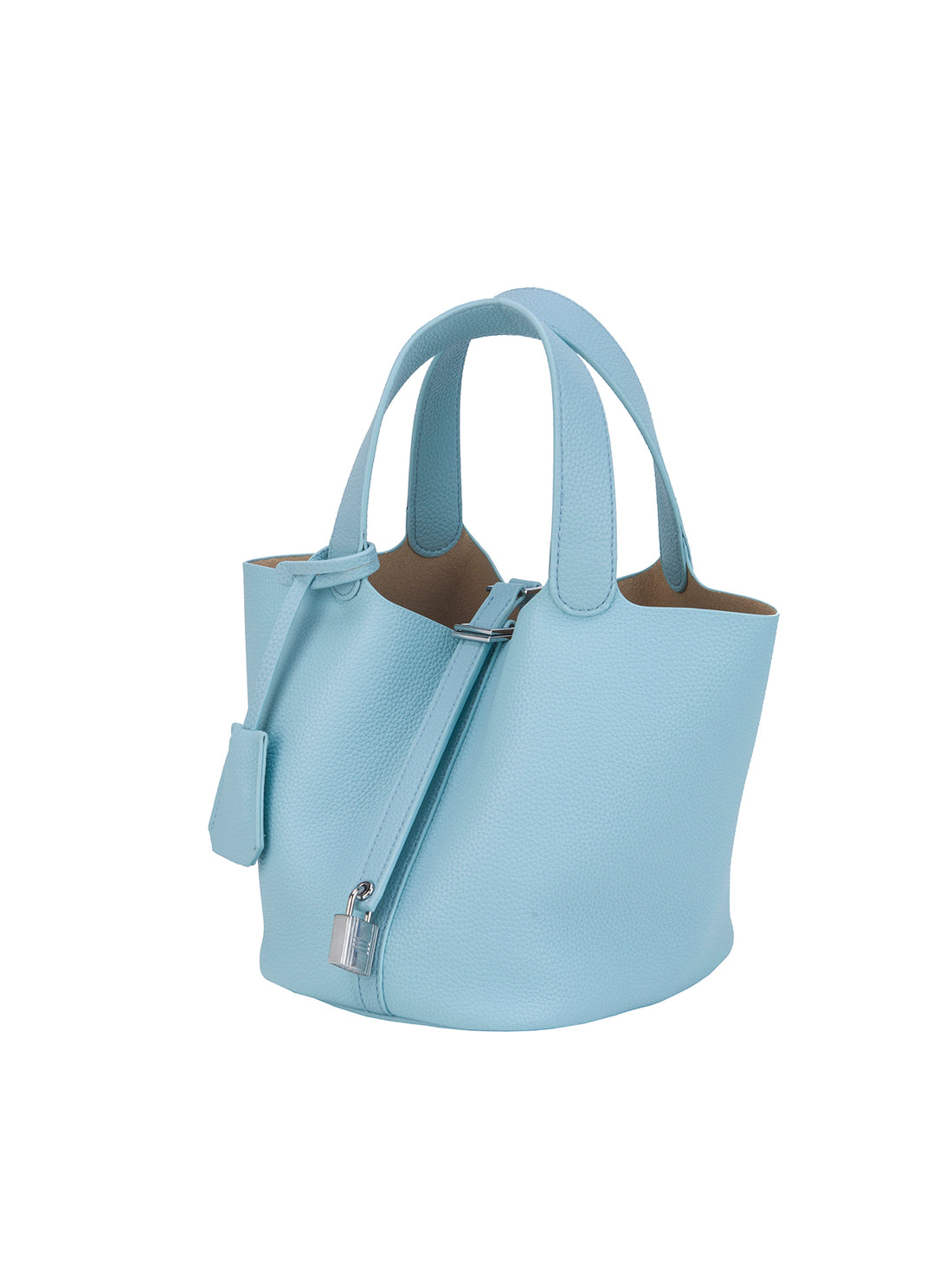 light blue mini bucket tote bag, angled view