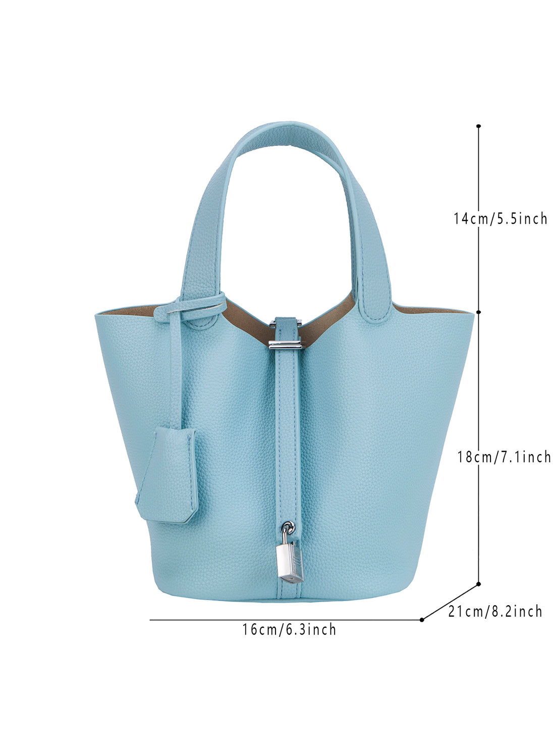 light blue mini bucket tote bag, dimensions view