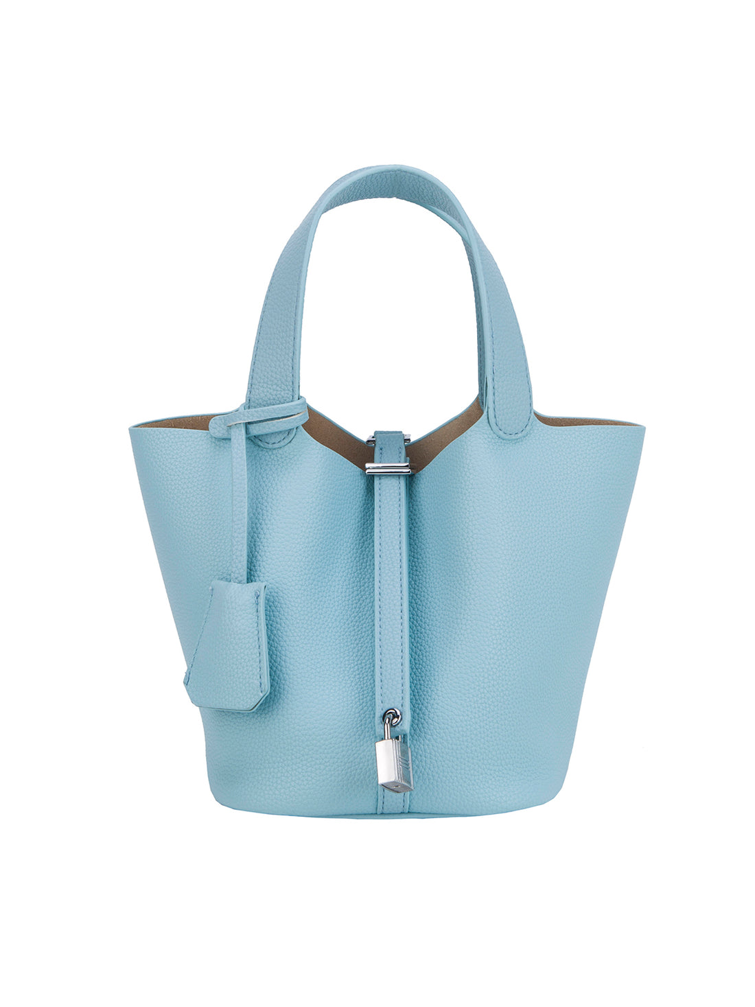 light blue mini bucket tote bag, front view