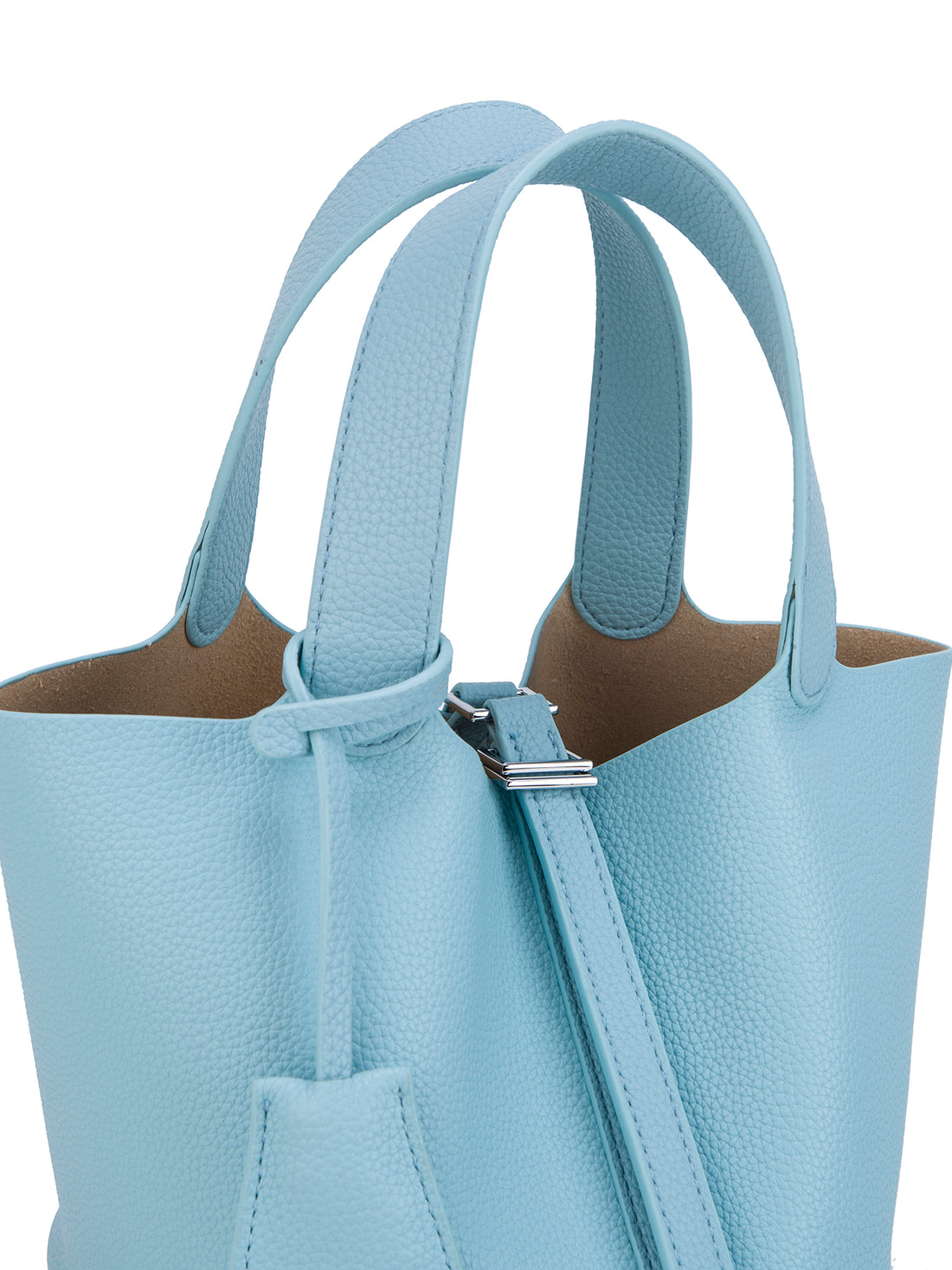 light blue mini bucket tote bag, handle detail view