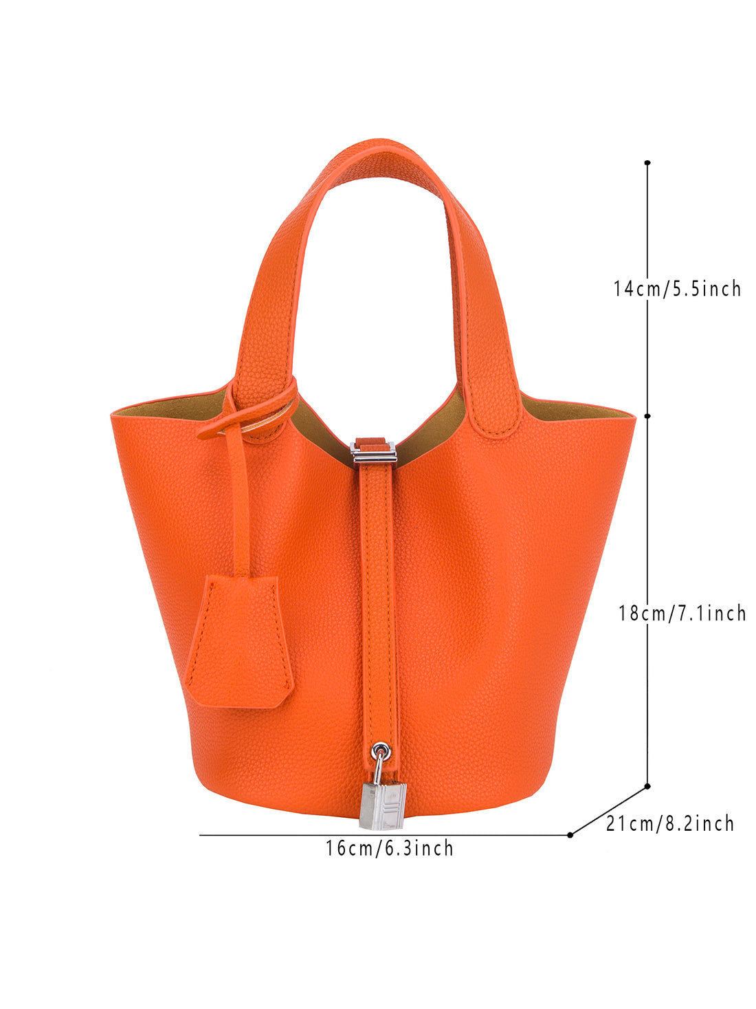 orange mini bucket tote bag, dimensions view
