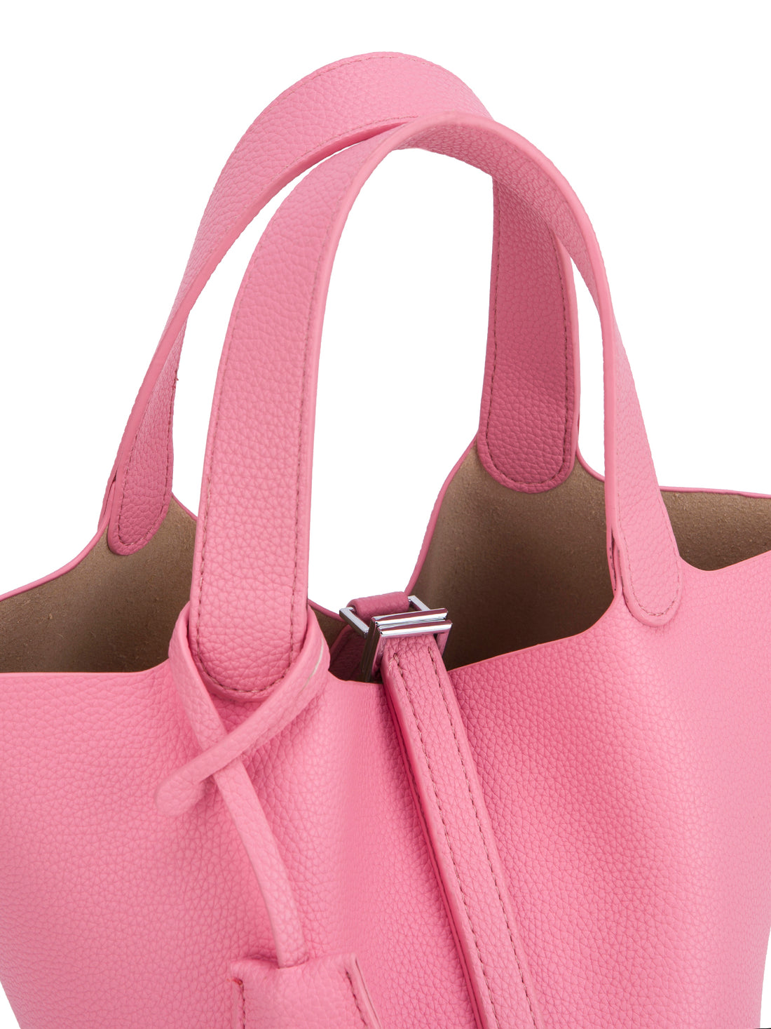 pink mini bucket tote bag, handle detail view