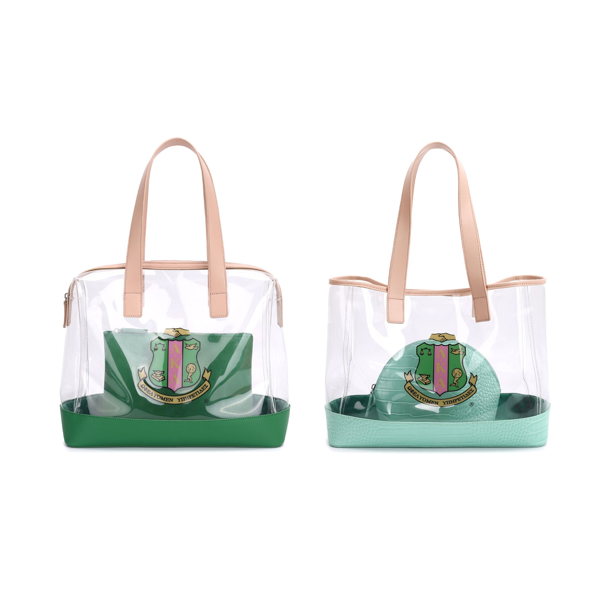 Two clear totes with beige handles, green trim and printed inner pouches