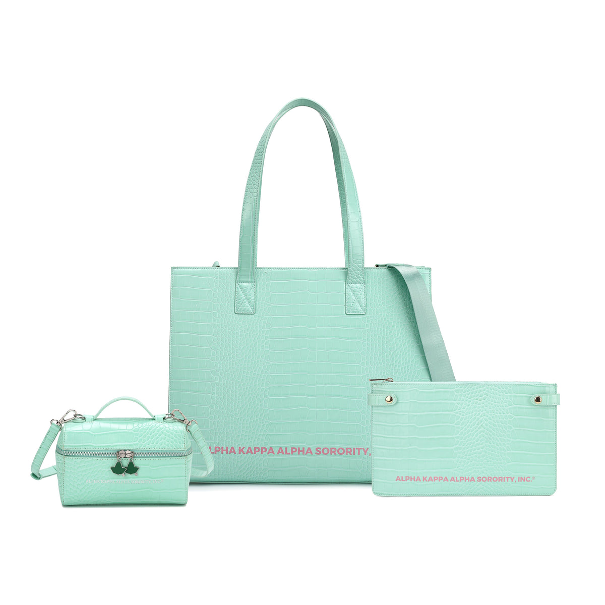 Mint croc-effect tote, small crossbody and pouch with printed lettering