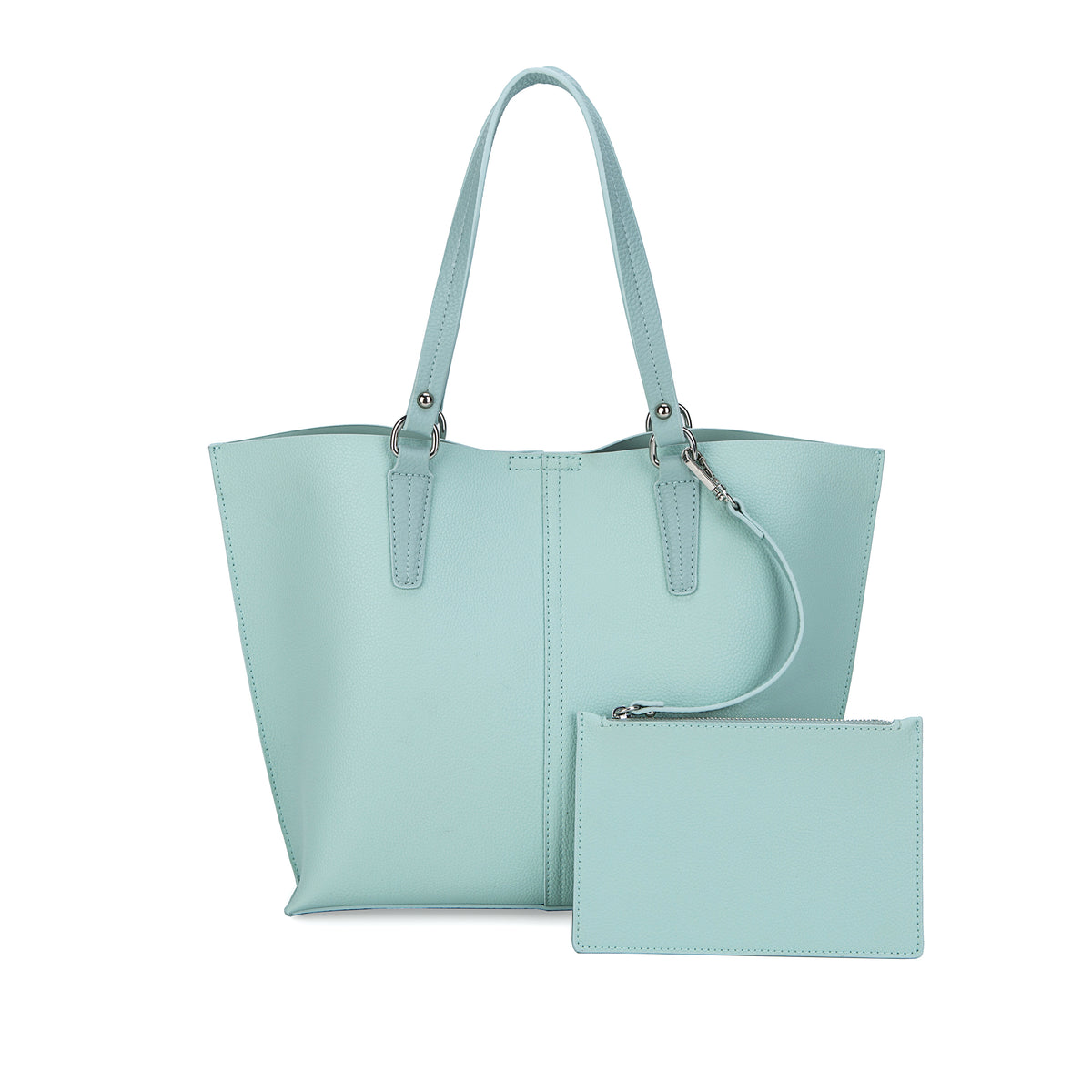 Mint long-handle tote with a matching wristlet pouch on a white background