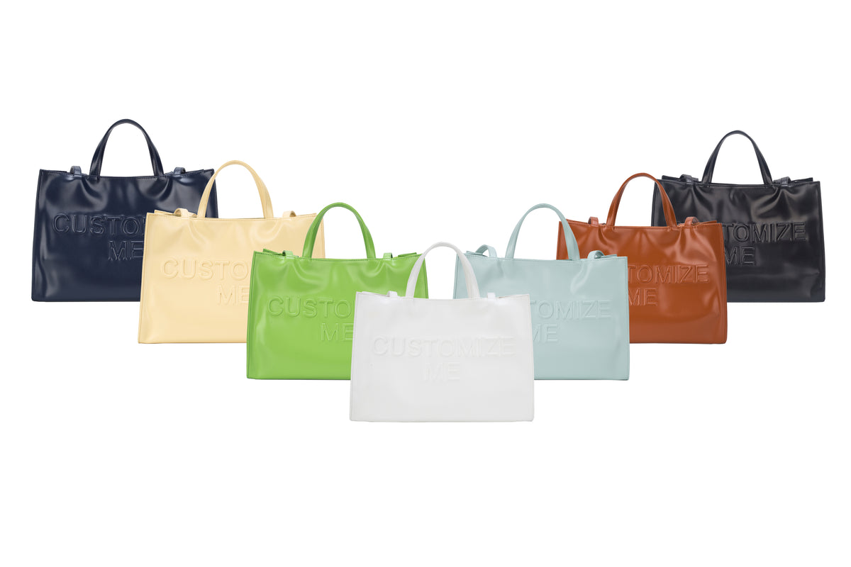 Large rectangular totes in seven colours with embossed lettering