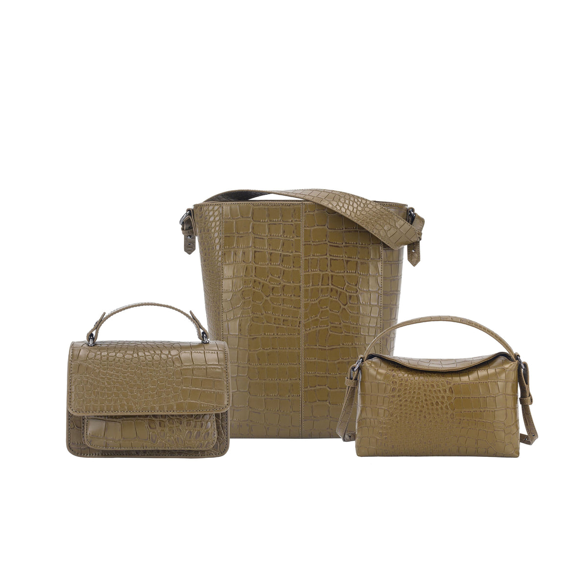 Olive croc-effect bucket, flap and top-handle bags on a white background