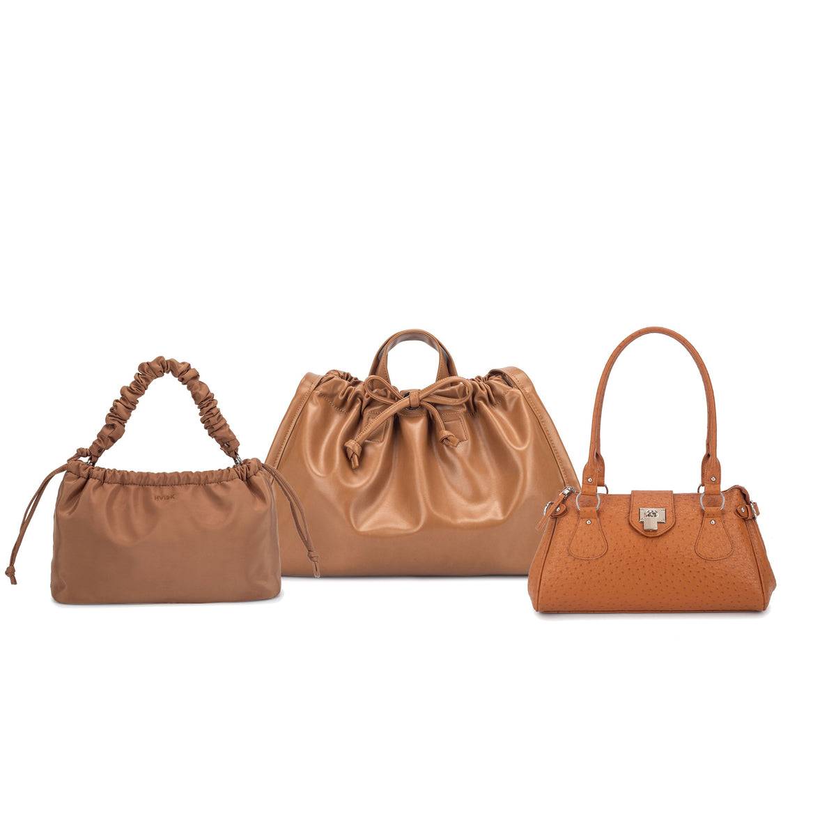 Tan gathered shoulder bag, drawstring bag and textured top-handle bag