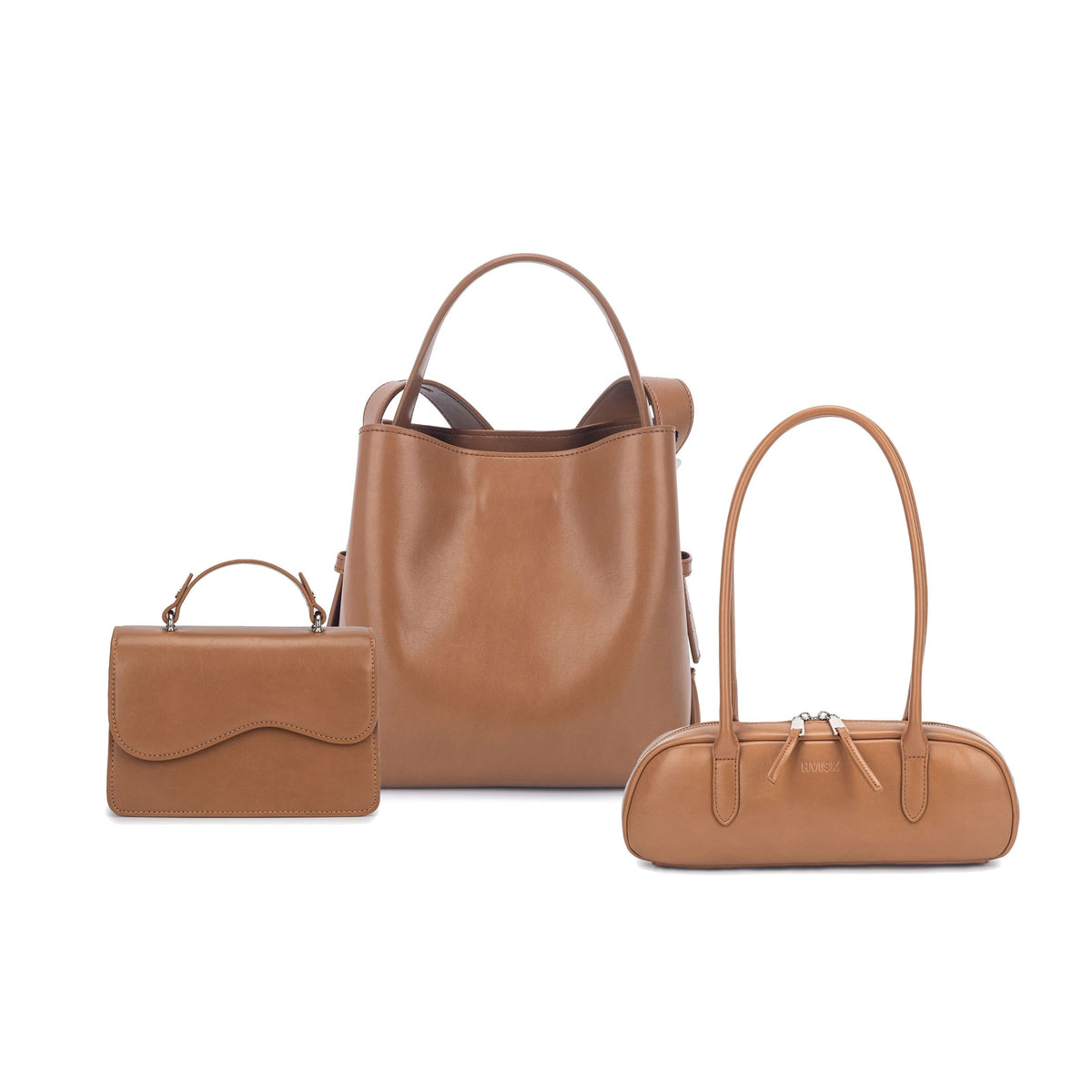 Tan tall tote, flap handbag and horizontal zip bag with rounded handles
