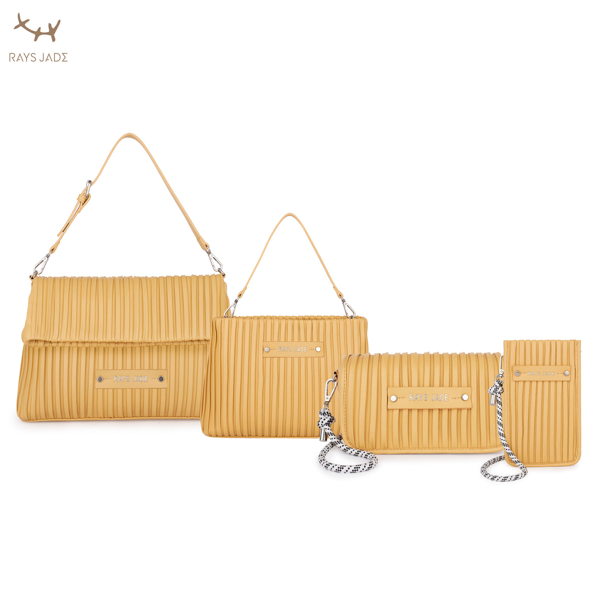 Yellow pleated shoulder bags, wristlet and phone pouch with cord details