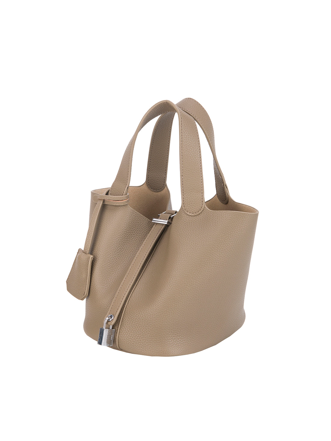 taupe mini bucket tote bag, angled view
