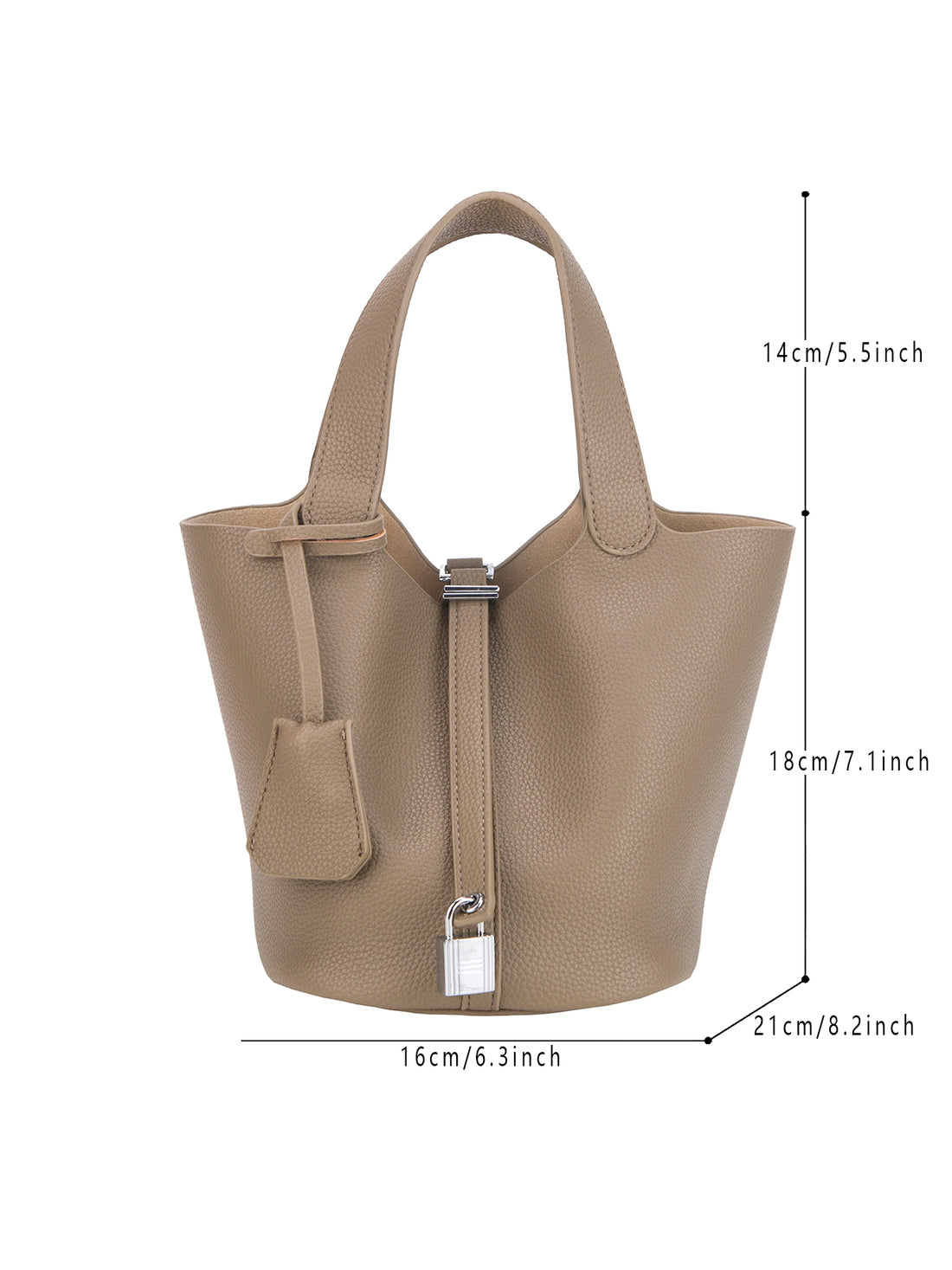 taupe mini bucket tote bag, dimensions view