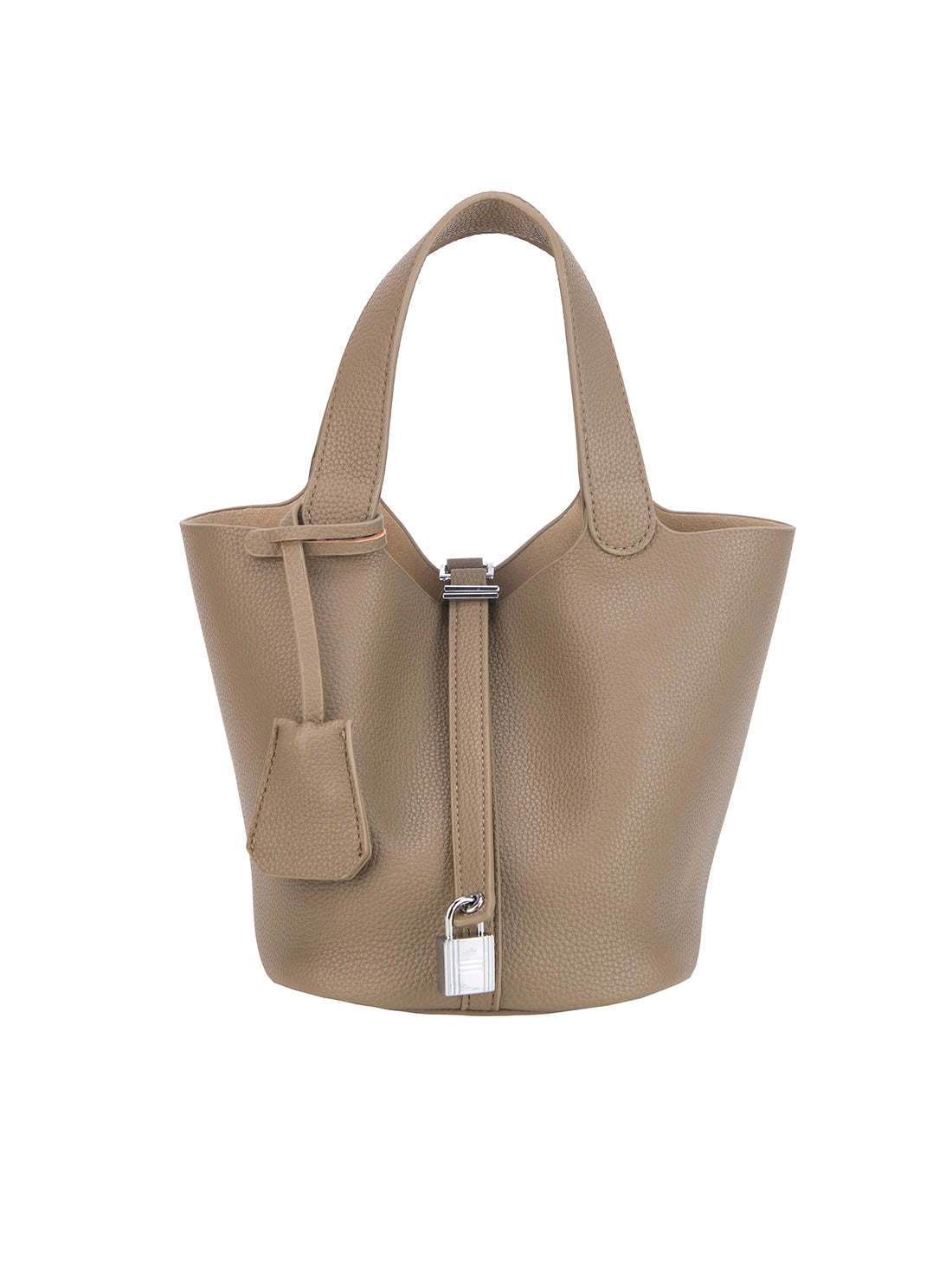 Taupe mini bucket tote bag with twin handles and silver-tone padlock detail, front view