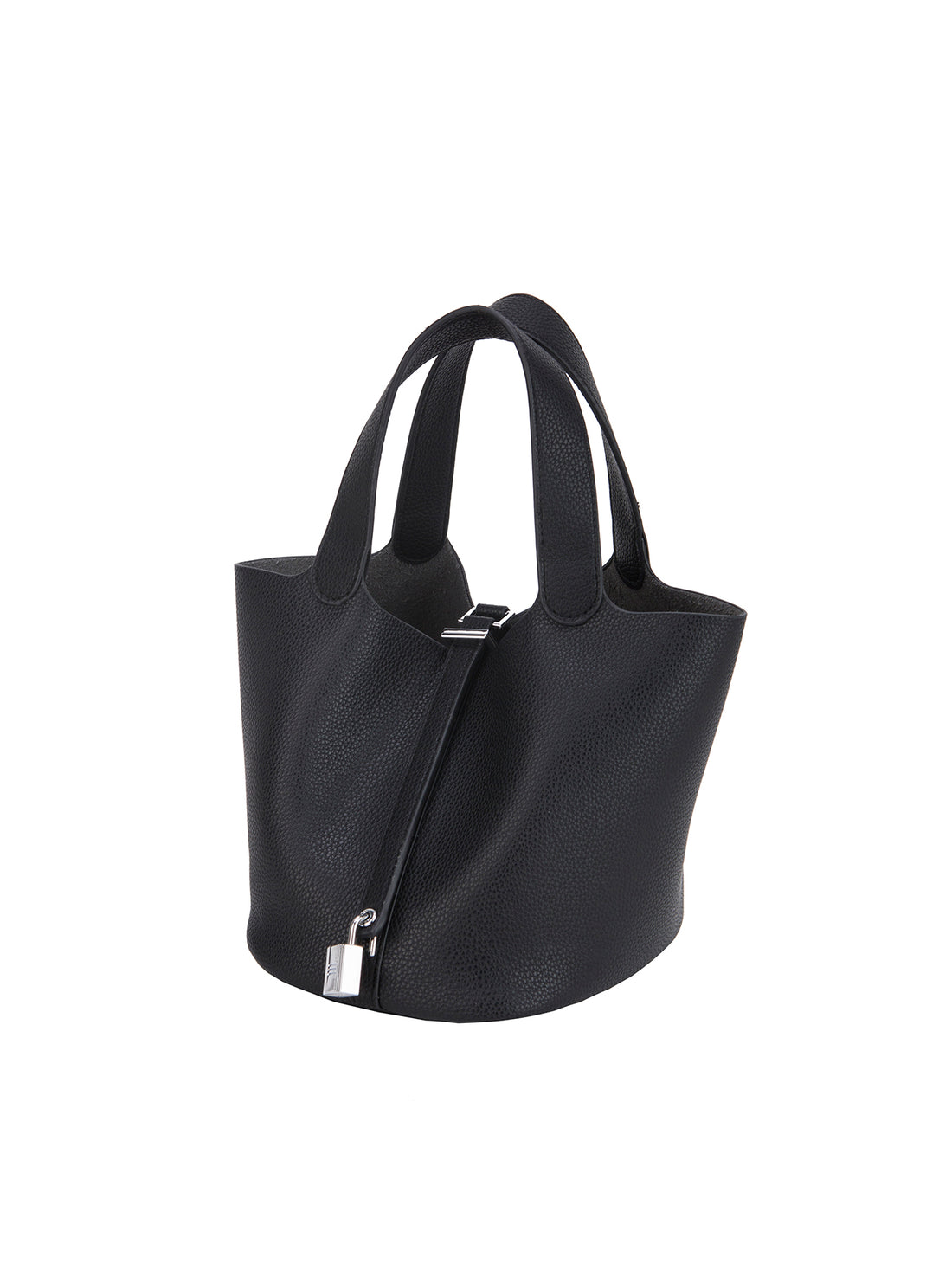 black mini bucket tote bag, angled view