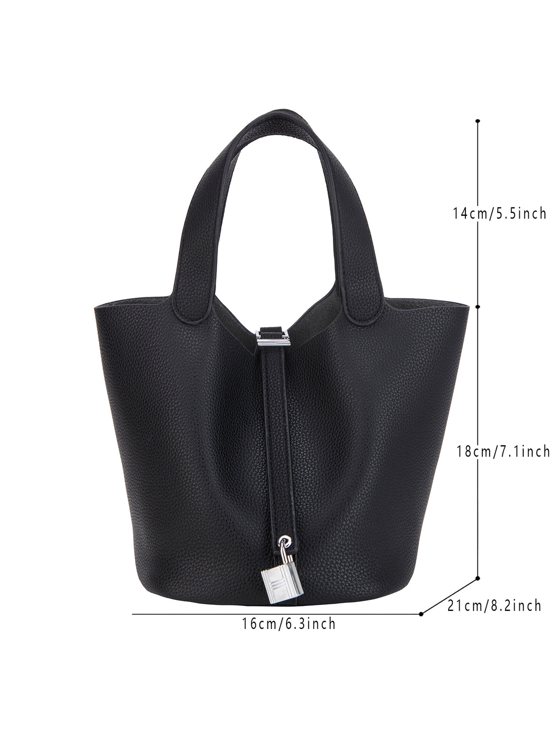 black mini bucket tote bag, dimensions view