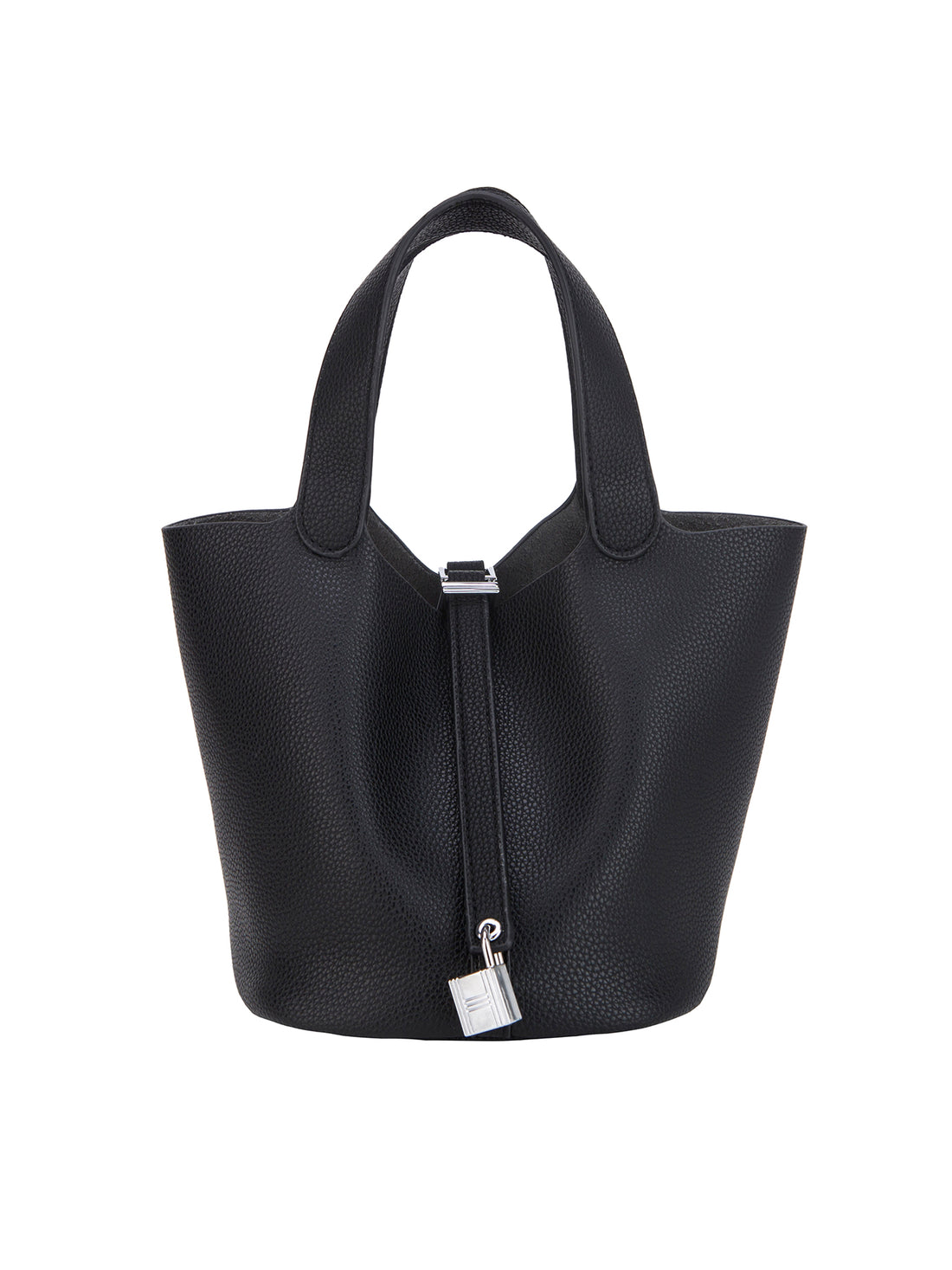 black mini bucket tote bag, front view