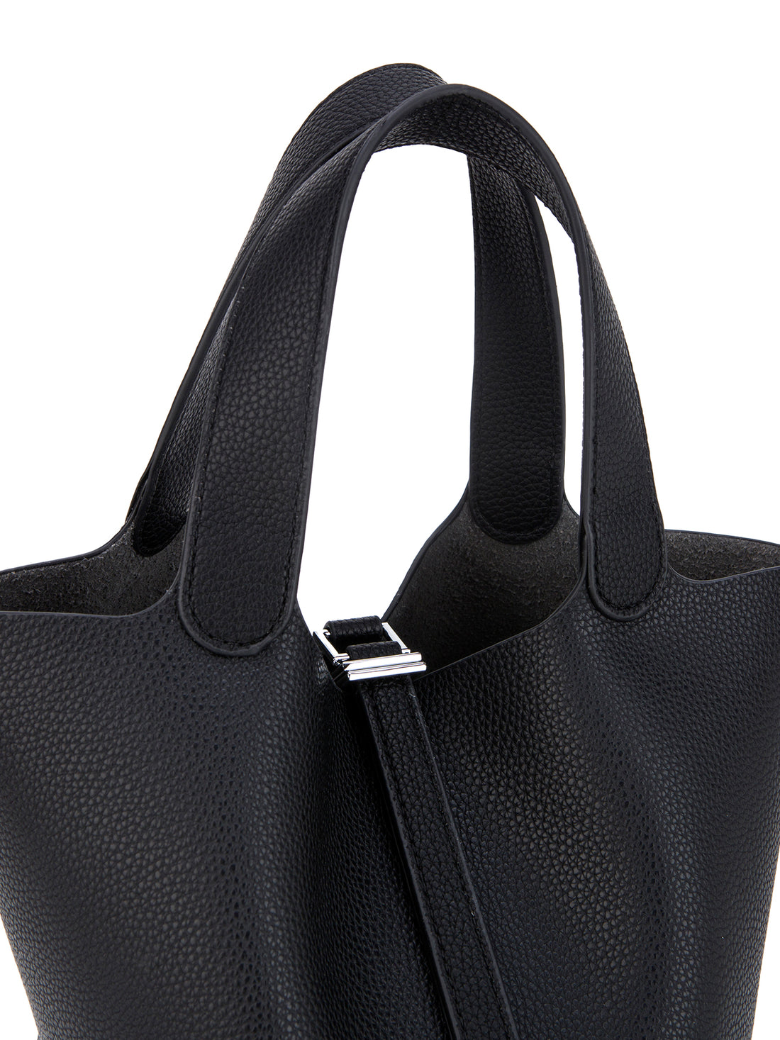 black mini bucket tote bag, handle detail view