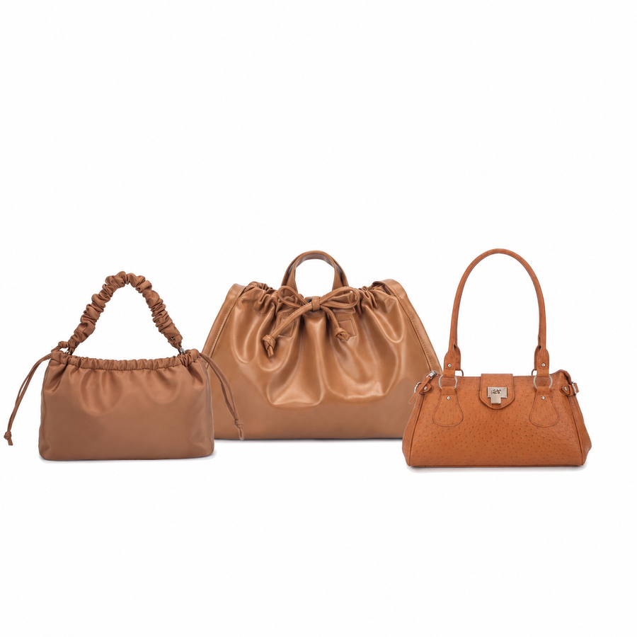 Three brown PU bags: a ruched-handle bag, a drawstring bag and a structured twin-handle bag.