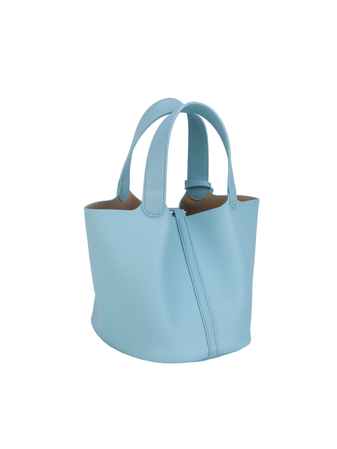 light blue mini bucket tote bag, back view