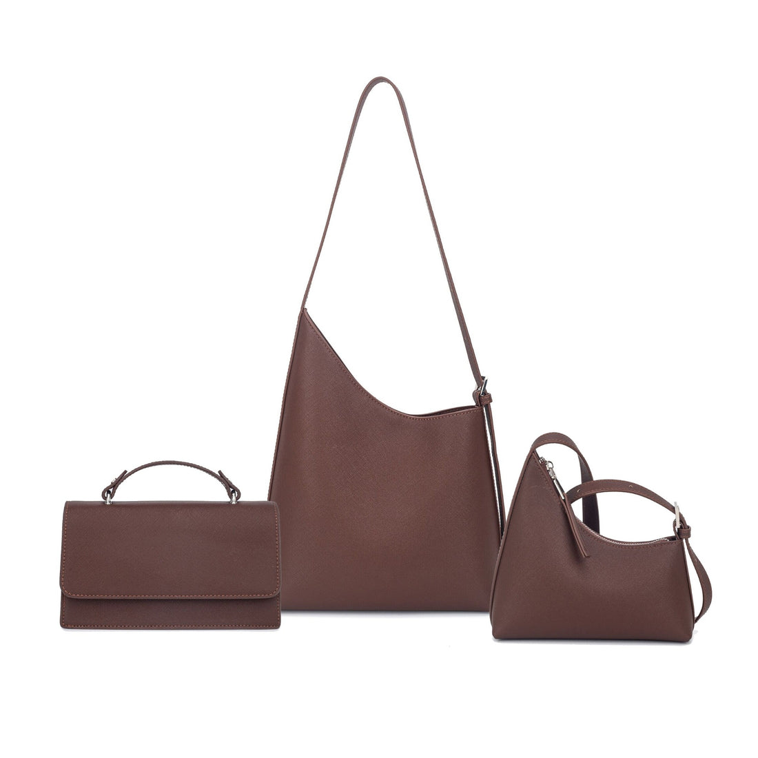 Three brown PU bags: a rectangular flap bag, a tall curved-top shoulder bag and a compact curved-top bag.