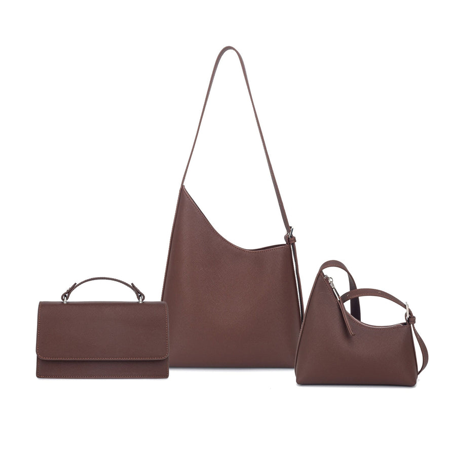 Three brown PU bags: a rectangular flap bag, a tall curved-top shoulder bag and a compact curved-top bag.