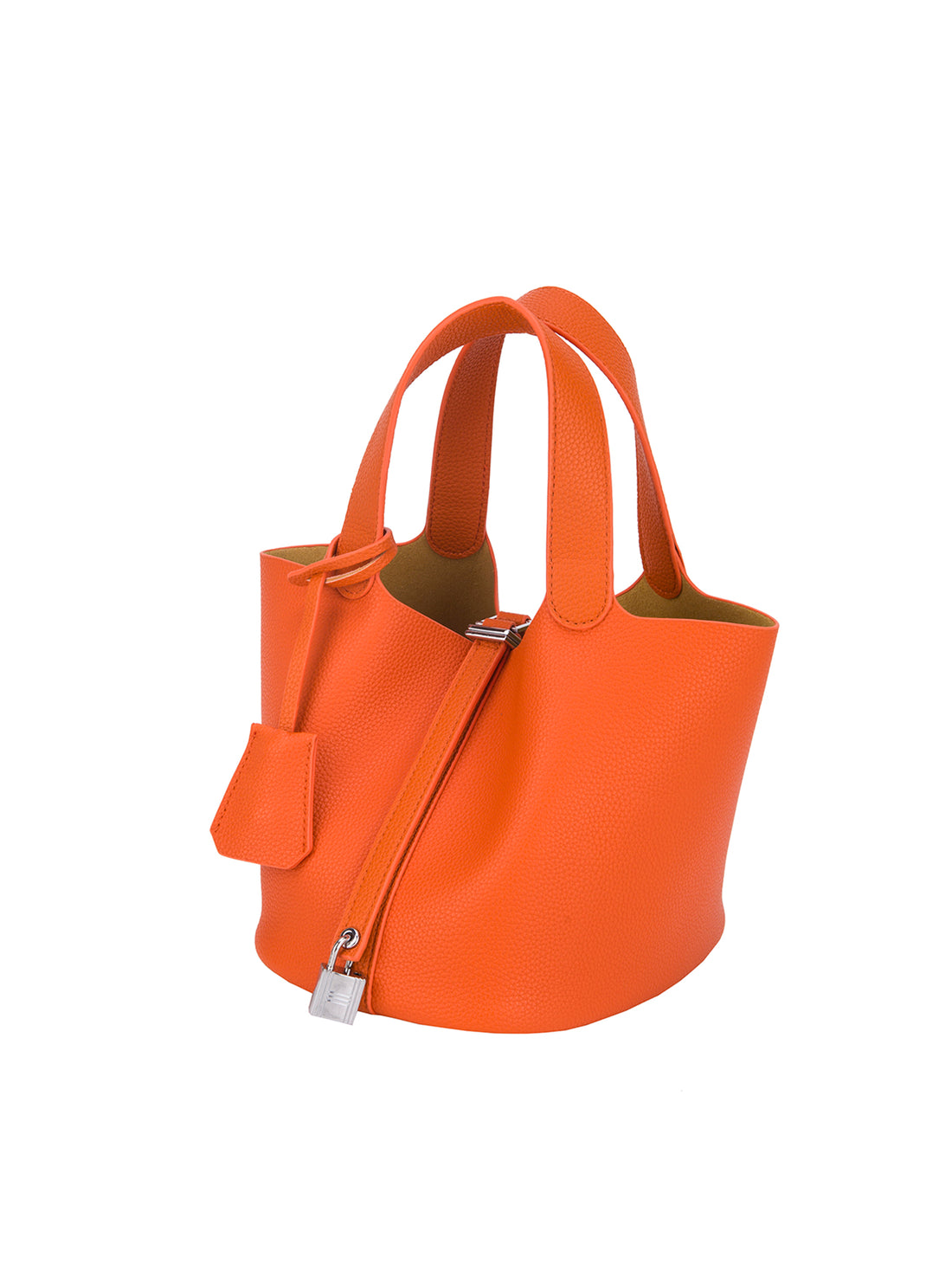 orange mini bucket tote bag, angled view