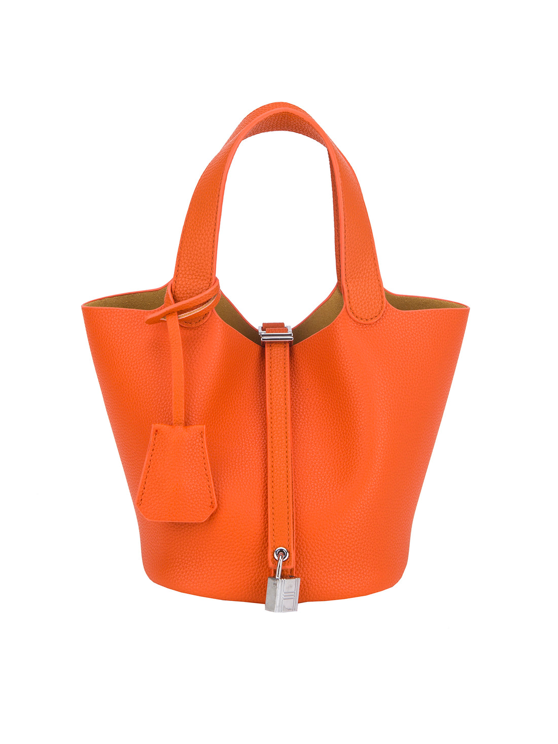 orange mini bucket tote bag, front view