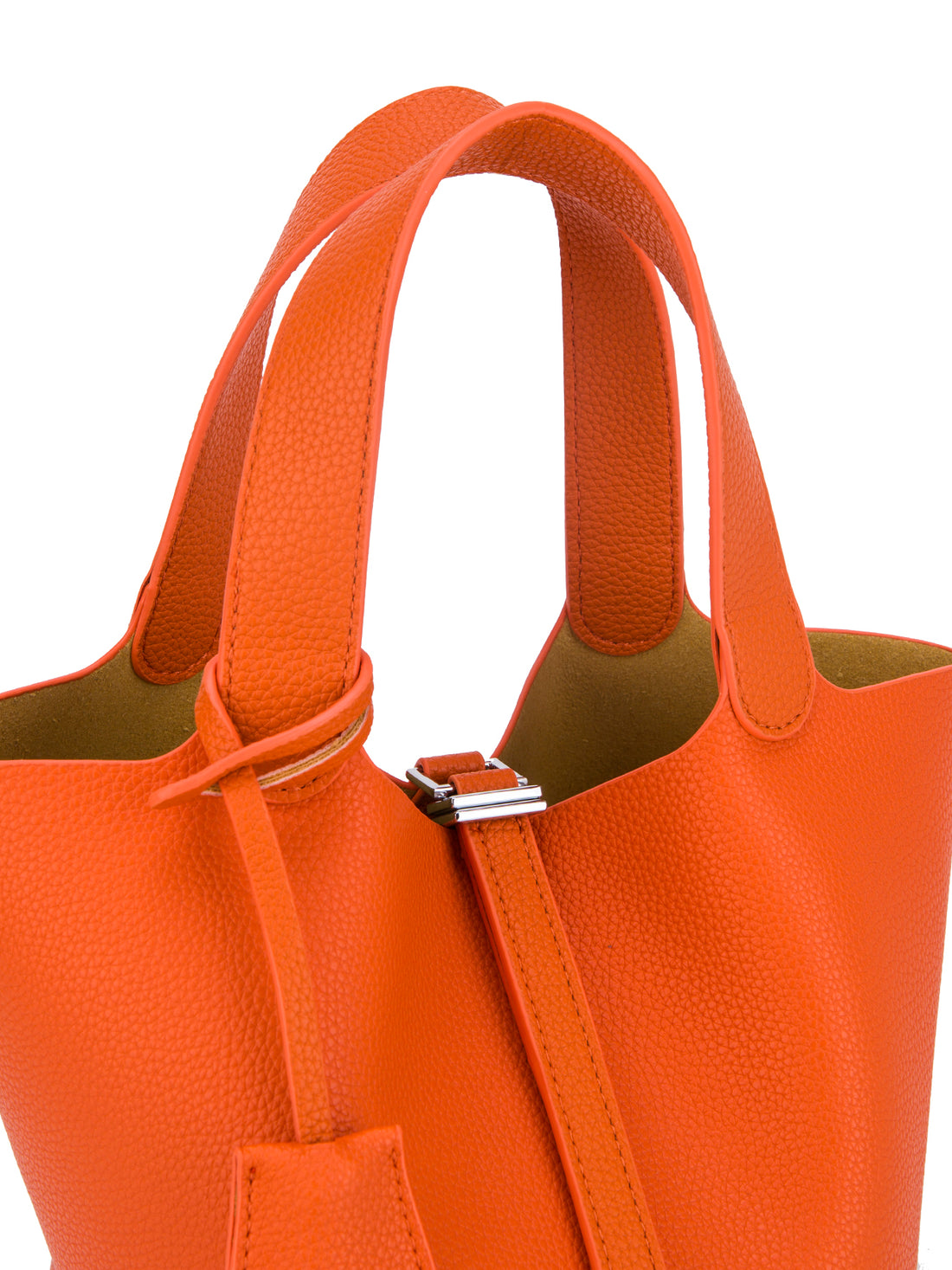 orange mini bucket tote bag, handle detail view