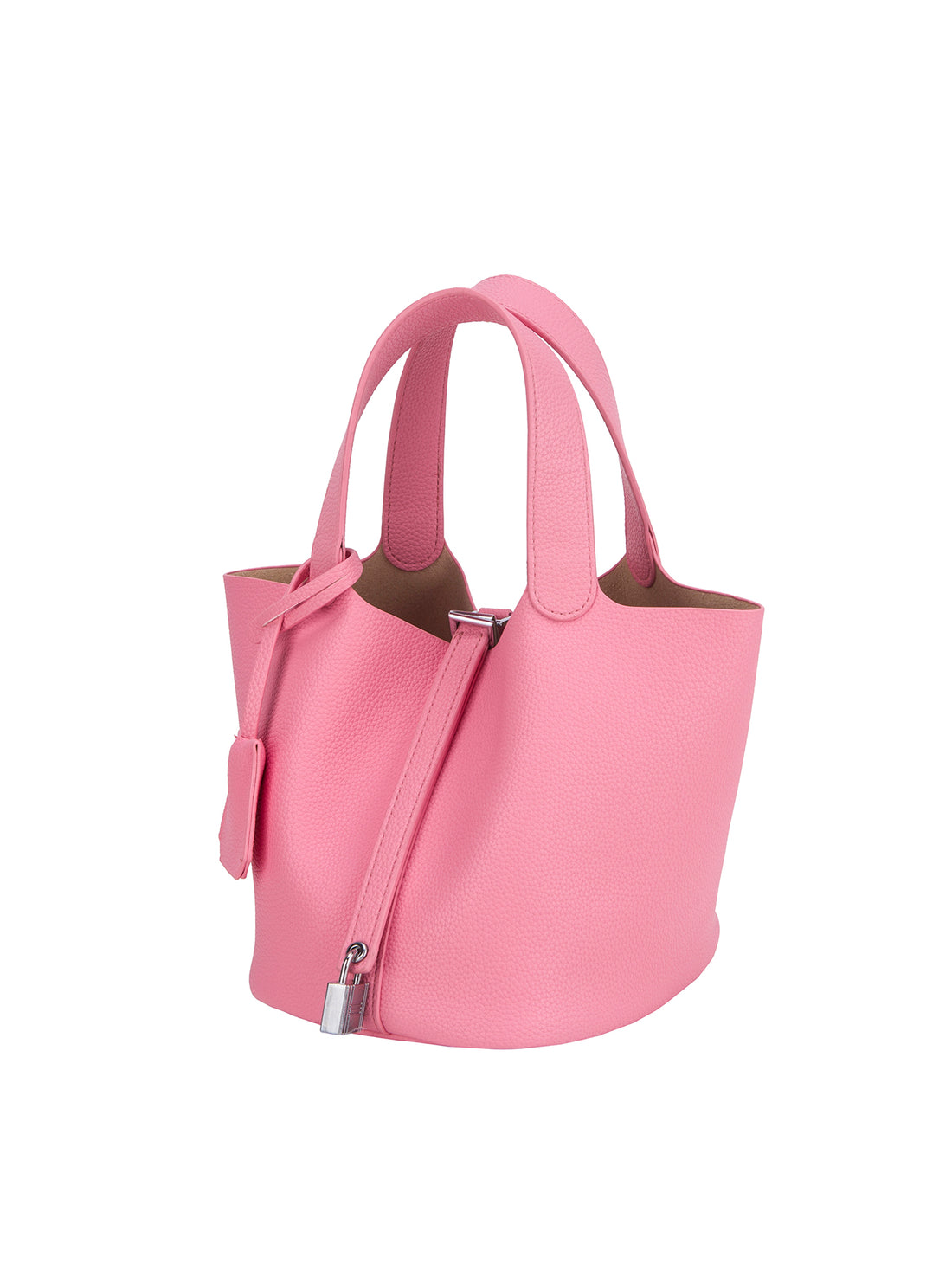 pink mini bucket tote bag, angled view