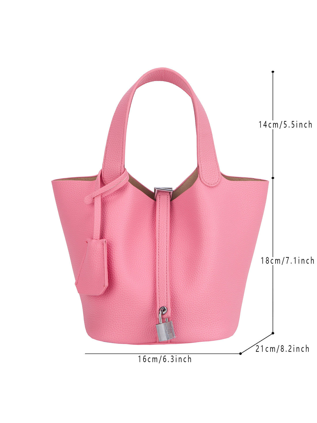 pink mini bucket tote bag, dimensions view