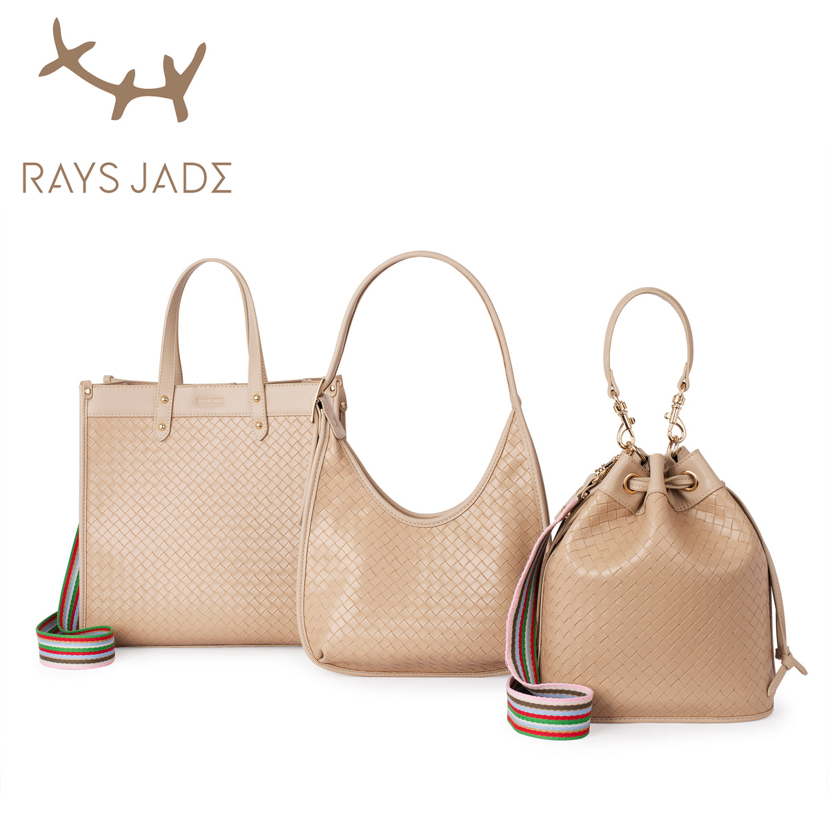 Beige woven-look tote, hobo and drawstring bucket bags with striped straps