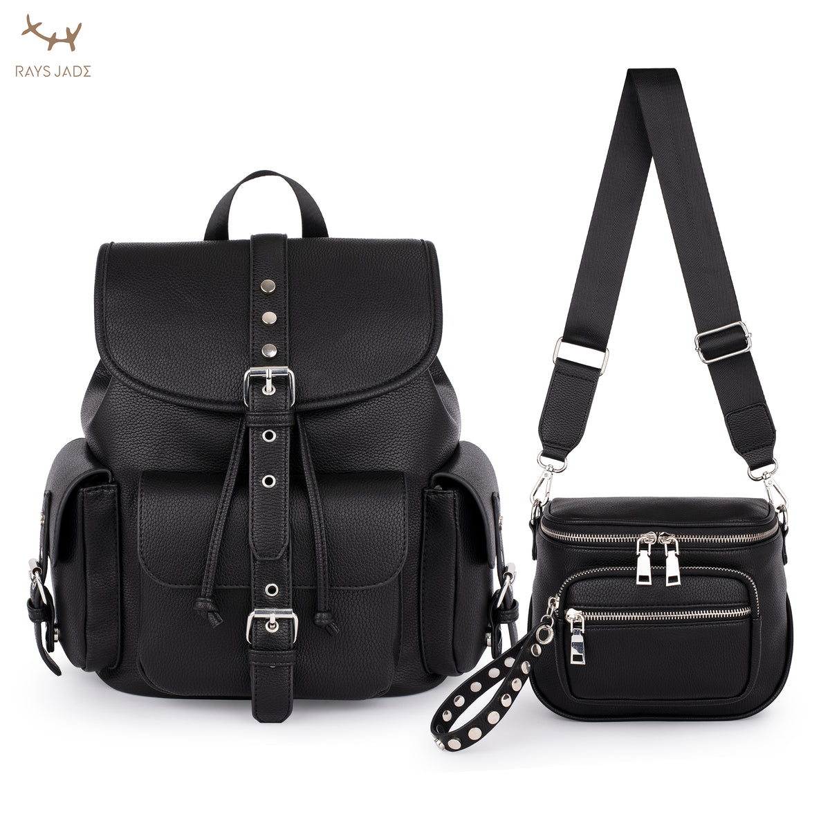 Black textured buckle backpack and multi-pocket crossbody with a wide strap
