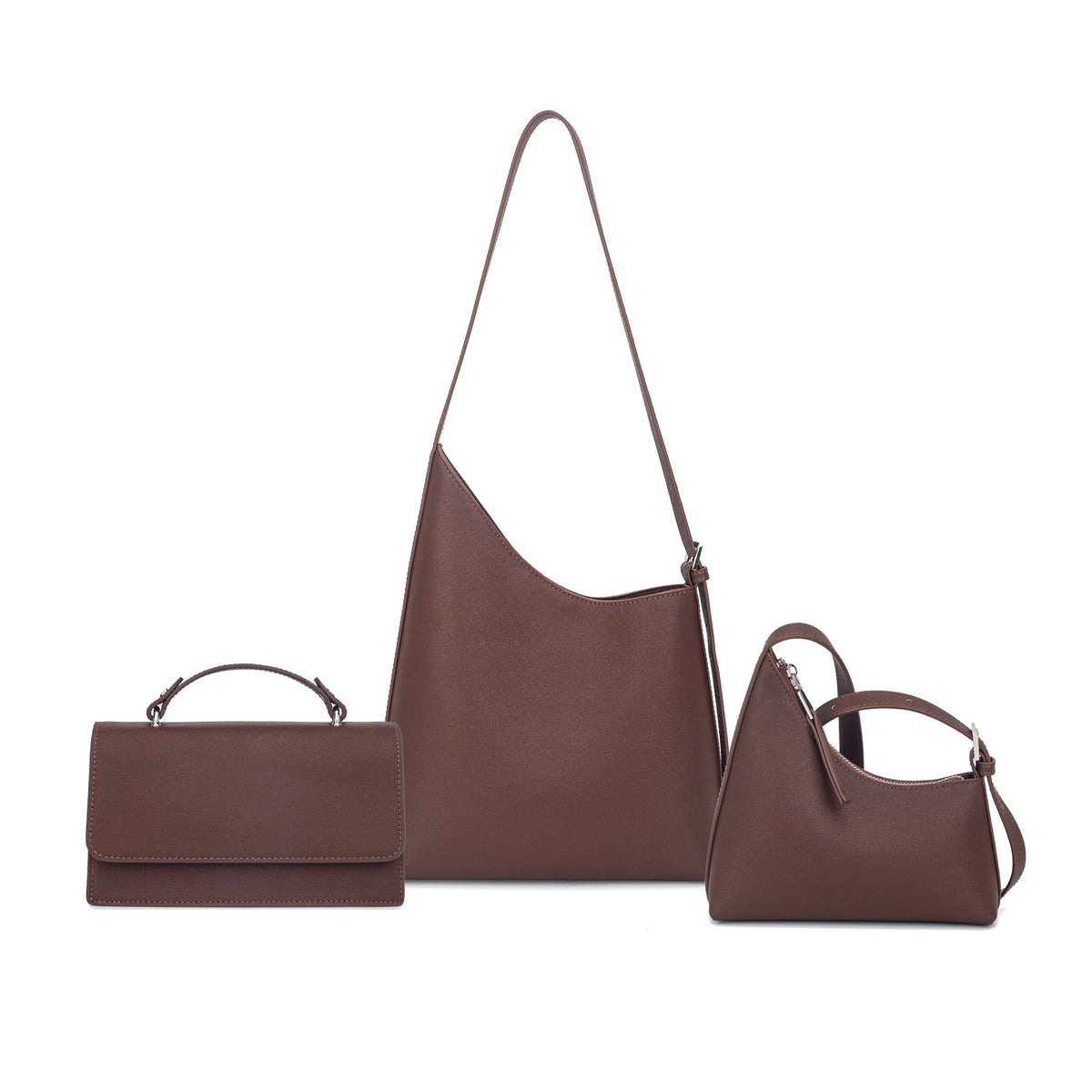 Brown asymmetric shoulder bag, rectangular flap bag and compact hobo bag