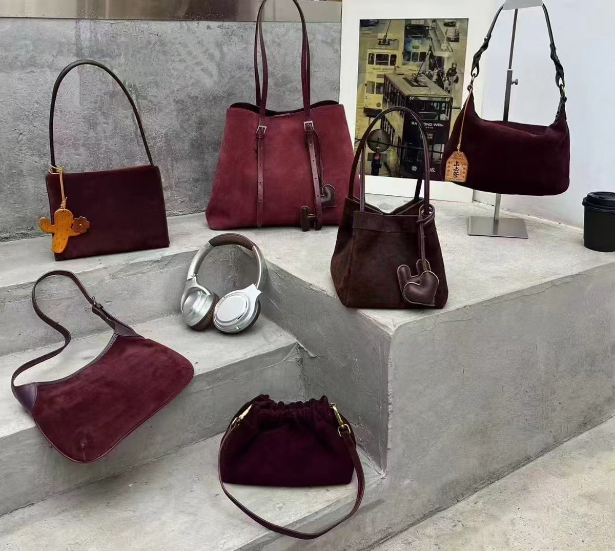 Burgundy handbag collection in the Sunchain photo collection