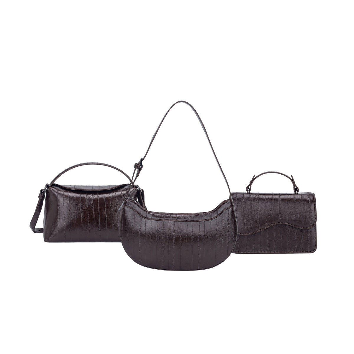 Dark brown textured top-handle, crescent and flap bags with slim straps