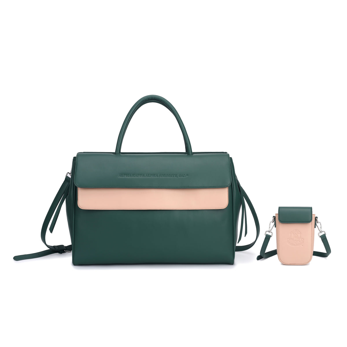 Dark green and blush top-handle handbag with a matching compact phone bag
