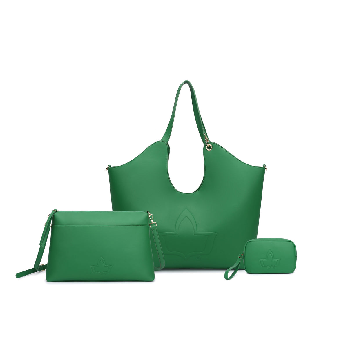 Green tote, crossbody bag and wristlet with embossed decorative emblems
