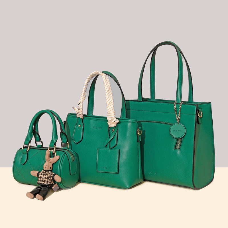 Green totes and a quilted mini bag with scarf and soft toy charm details