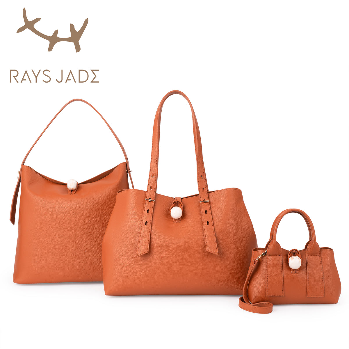 Orange hobo, tote and mini top-handle bags with pearl-like front details