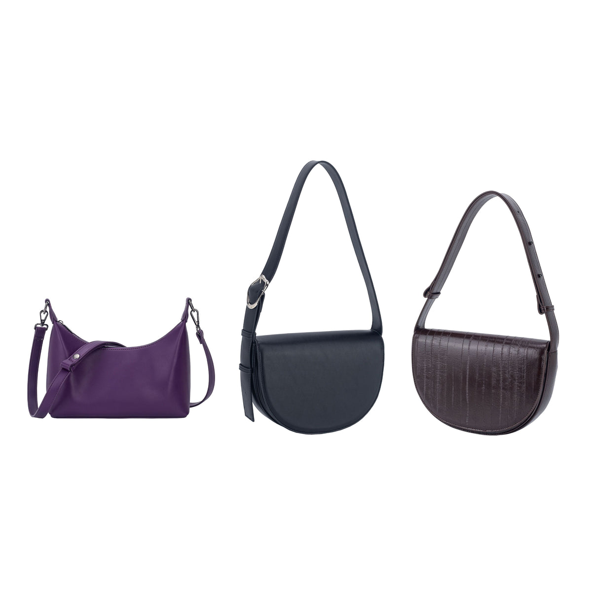 Three shoulder bags including purple draped, black saddle and brown textured styles