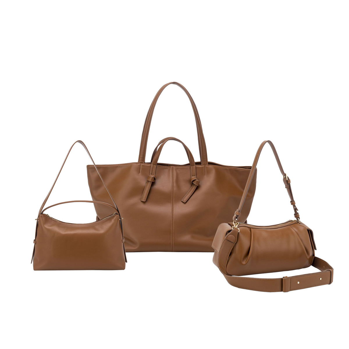 Tan tote and two shoulder bags with different strap and gathered details