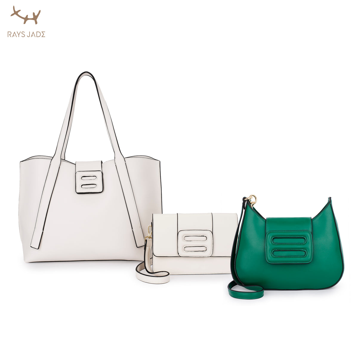 White tote and flap bag with a green shoulder bag featuring matching cutout tabs