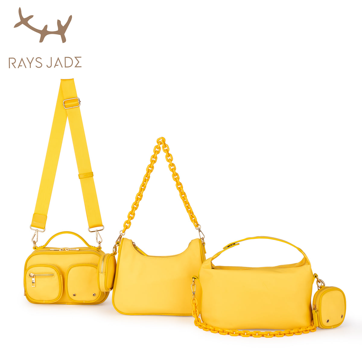 Three yellow bags with chain straps, zip pockets and a matching small pouch