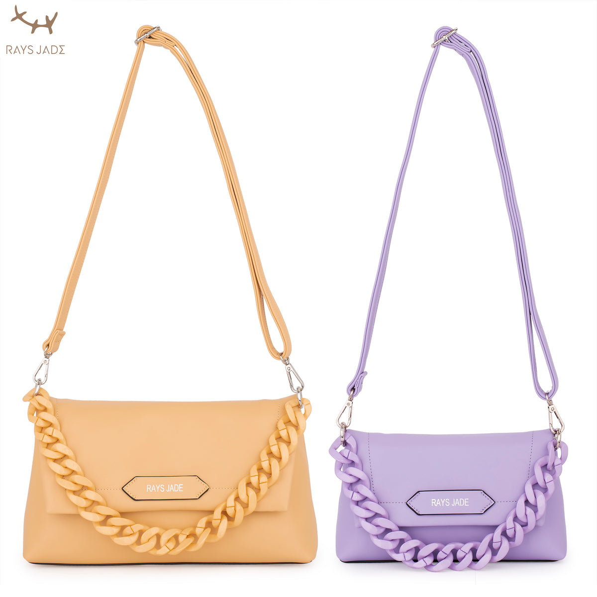 Yellow and lilac crossbody bags with chunky decorative chains and adjustable straps