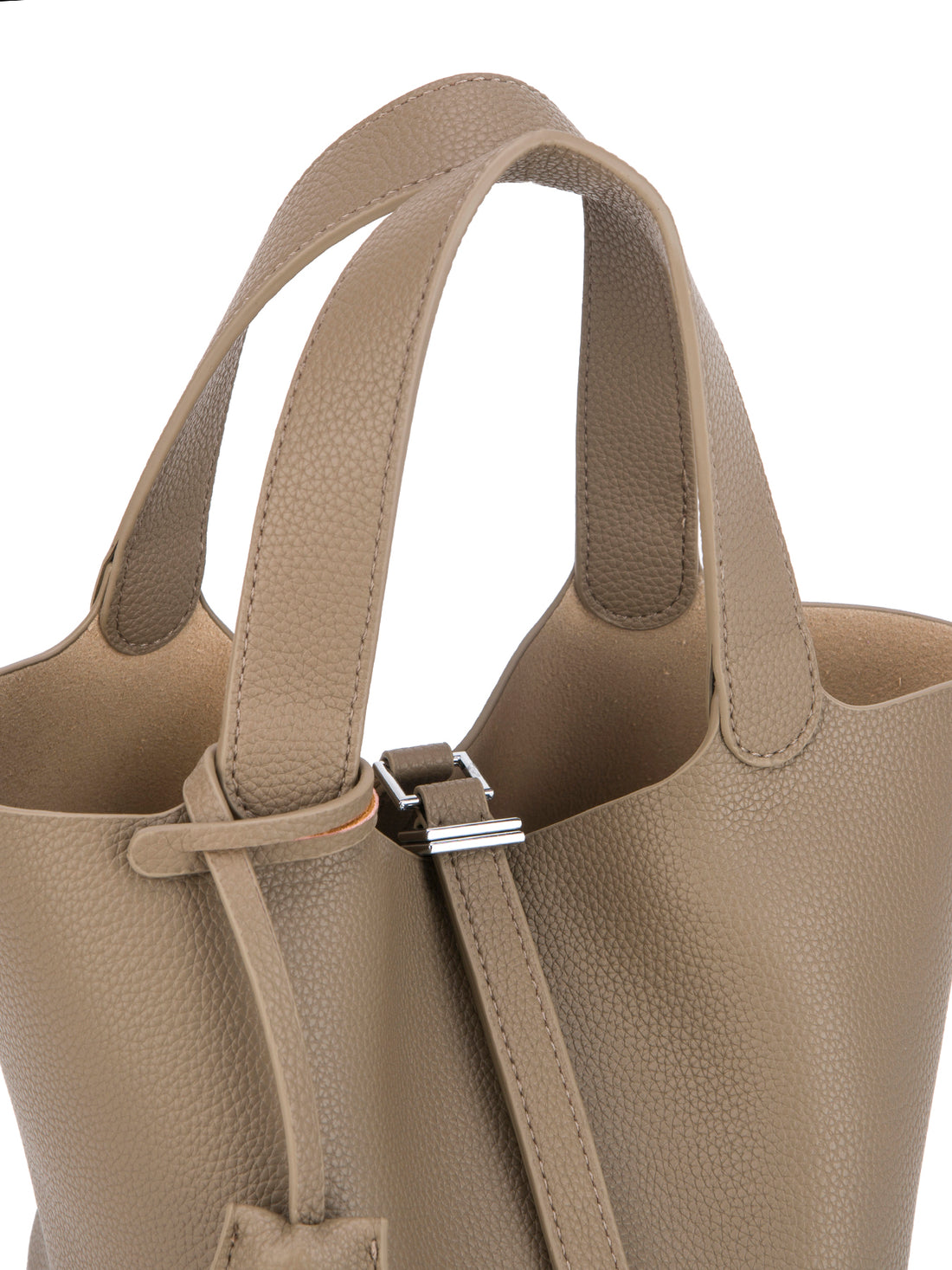 taupe mini bucket tote bag, handle detail view